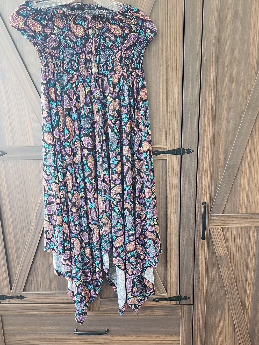 High-Low Paisley Handkerchief Strapless Dress - Black with Teal, Purple & Pink